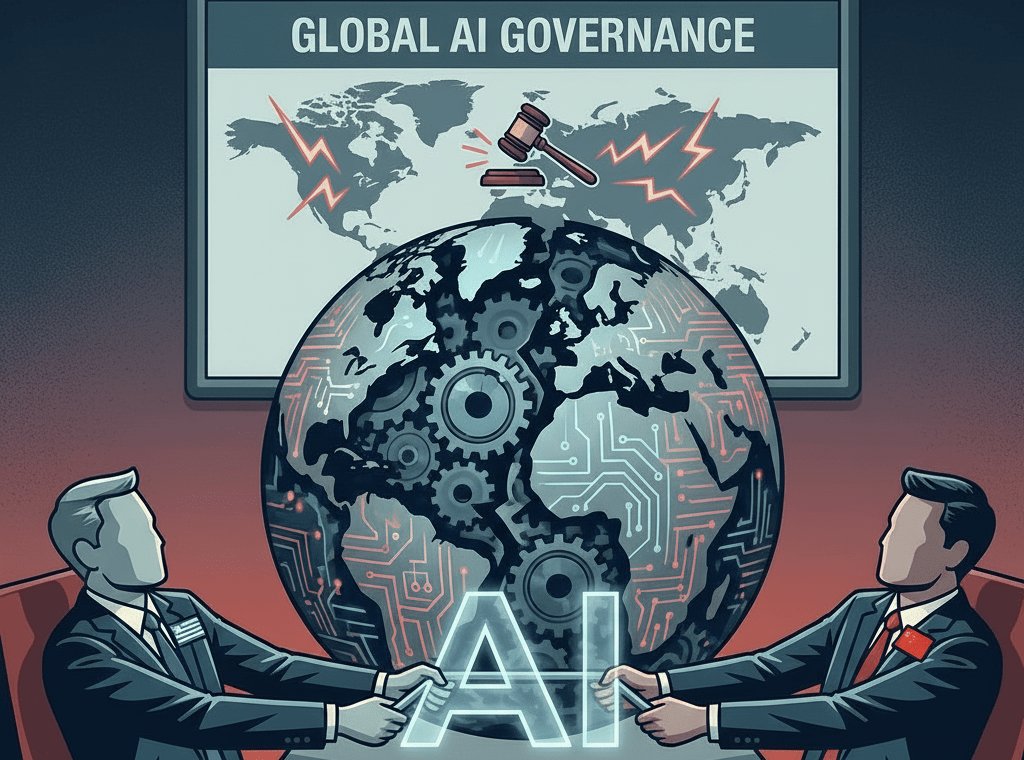 GLOBAL AI GOVERNANCE map above two men negotiating over a mechanical globe and AI text.