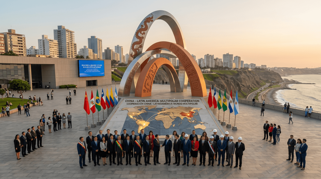 Group of Chinese and Latin American leaders standing in front of arches and a world map showing China-Latin America connections