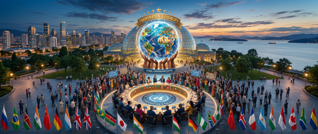 International leaders seated around a circular table with global flags, discussing cooperation and equality at the Global Cooperation Center.