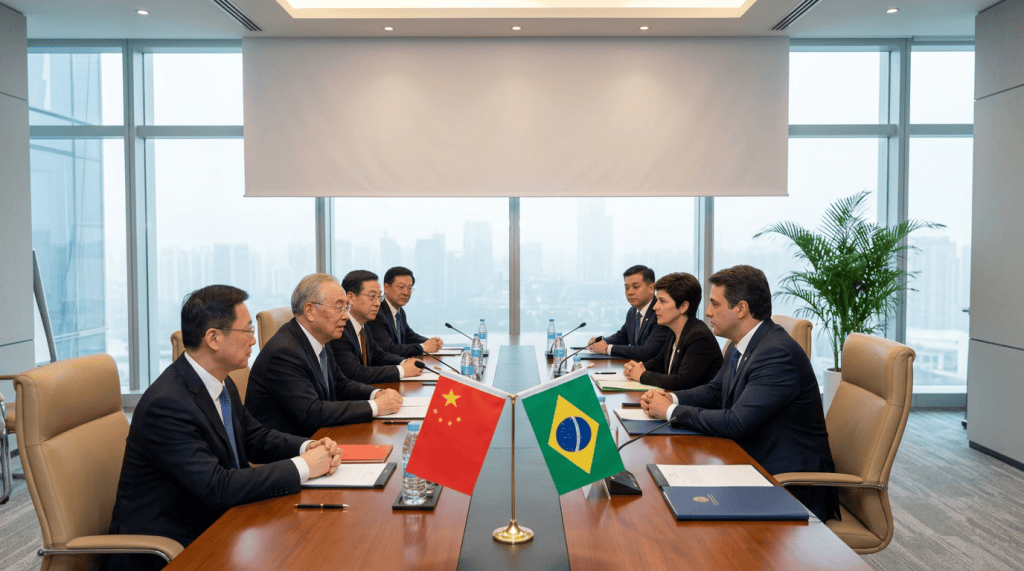 Meeting with Brazil and China flags beneath Portuguese and Chinese text: ‘APRENDIZADOS BRASIL-CHINA: DESENVOLVIMENTO EXIGE MAIS DO QUE POLÍTICAS ECONÔMICAS. REQUER AUTONOMIA PRODUTIVA E TECNOLÓGICA, PLANEJAMENTO DE LONGO PRAZO, E CAPACIDADE POLÍTICA DE SUSTENTAR UM PROJETO NACIONAL DE TRANSFORMAÇÃO.’ 巴西-中国 经验交流：发展不仅需要经济政策。更需要生产和技术自主，长期规划，以及维护国家转型项目的政治能力。